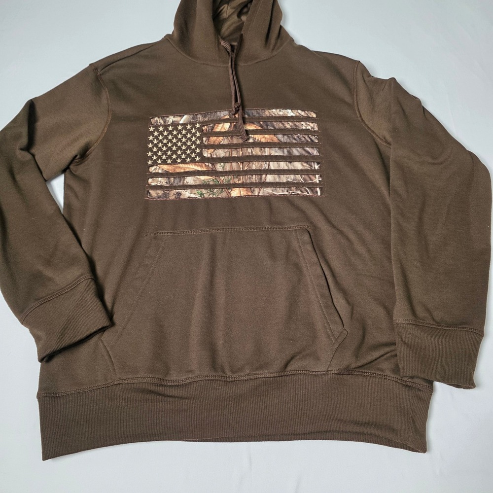 Realtree Hoodie Men Medium Brown Camo American Flag Fleece Pullover Sweatshirt - Picture 2 of 10